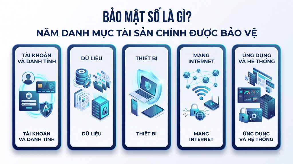 Infographic 5 nhóm được bảo vệ bởi bảo mật số gồm tài khoản và danh tính, dữ liệu, thiết bị, mạng Internet, ứng dụng và hệ thống