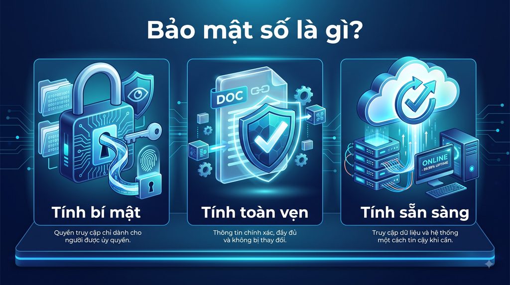 Infographic ba nguyên tắc cốt lõi của bảo mật số gồm tính bí mật, tính toàn vẹn và tính sẵn sàng