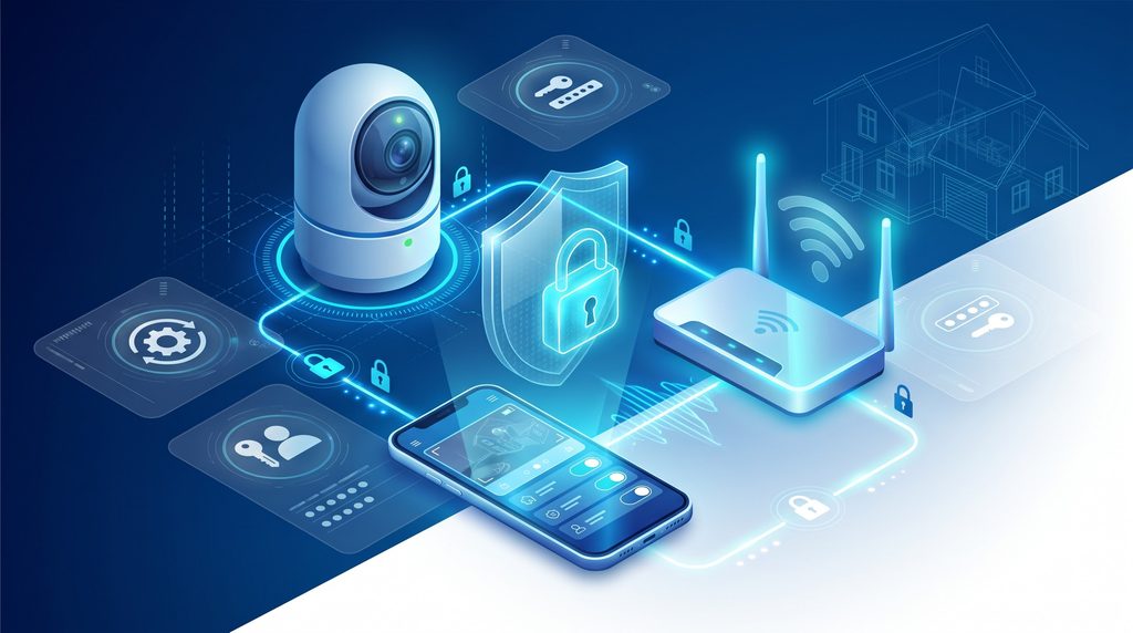 Minh họa bảo mật camera an ninh kết nối Internet với điện thoại, bộ định tuyến mạng, biểu tượng khiên bảo vệ và ổ khóa kỹ thuật số