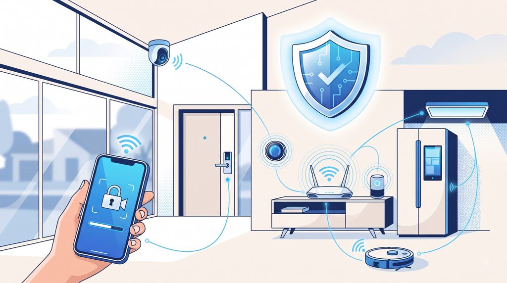 Minh họa nhà thông minh với thiết bị an ninh như smartphone điều khiển khóa cửa, camera, Wi‑Fi và biểu tượng khiên