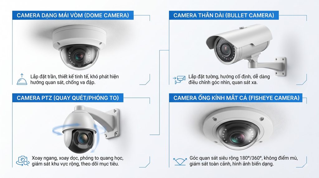 Hình minh họa các thiết kế camera an ninh phổ biến gồm camera mái vòm, camera thân dài, camera xoay phóng to và camera mắt cá