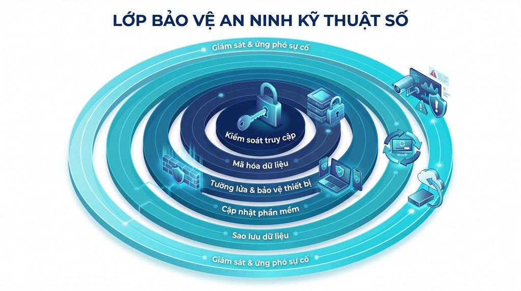 Infographic minh họa các lớp bảo vệ trong bảo mật số gồm kiểm soát truy cập, mã hóa dữ liệu, tường lửa & bảo vệ thiết bị, cập nhật phần mềm, sao lưu dữ liệu và giám sát sự cố (nên ngắn gọn, mô tả chính xác nội dung ảnh).