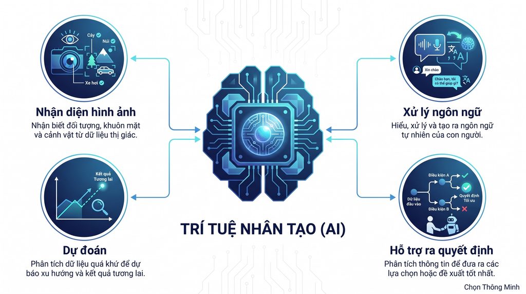 AI là gì? Trí tuệ nhân tạo hoạt động như thế nào và được ứng dụng ra sao? Infographic minh họa AI hỗ trợ nhận diện hình ảnh, dự đoán, xử lý ngôn ngữ và ra quyết định