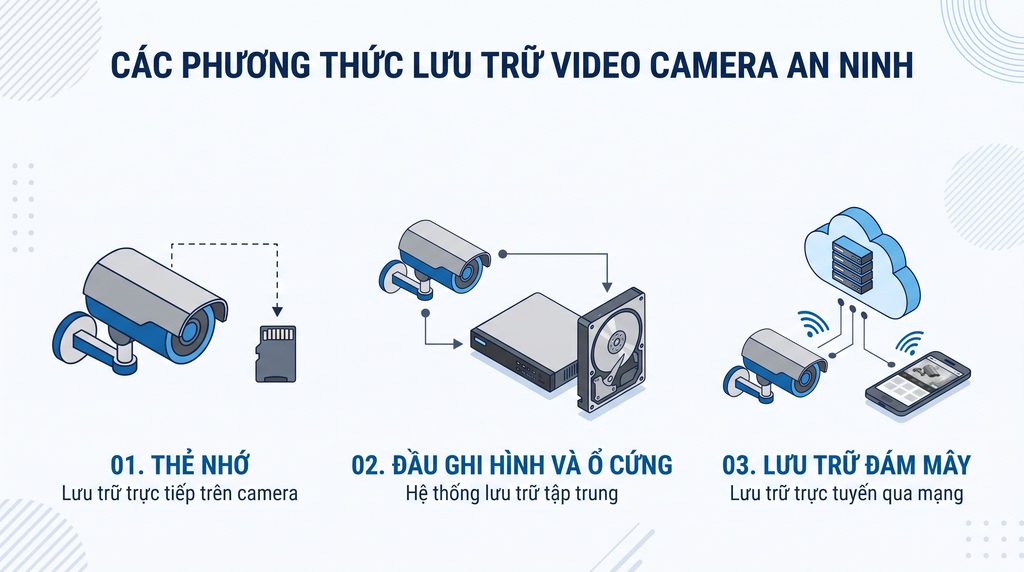Ba phương thức lưu trữ video camera an ninh gồm thẻ nhớ, đầu ghi kết hợp ổ cứng và dịch vụ lưu trữ đám mây