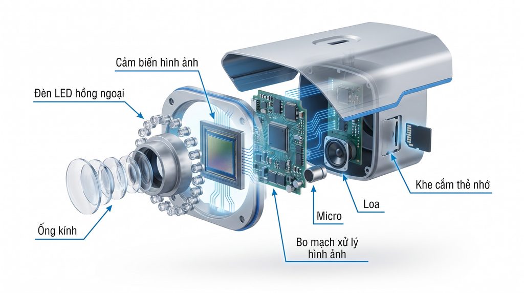 Sơ đồ cấu tạo camera an ninh gồm ống kính, cảm biến hình ảnh, bộ xử lý, đèn hồng ngoại, micro, loa và khe cắm thẻ nhớ