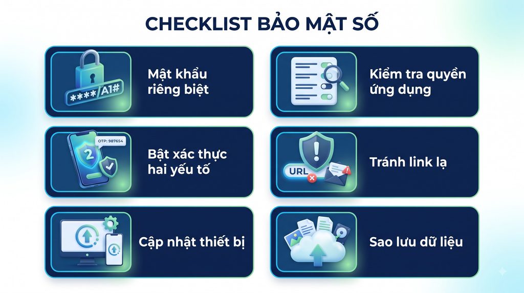 Checklist bảo mật số cá nhân gồm mật khẩu riêng biệt, xác thực hai yếu tố, cập nhật thiết bị, kiểm tra quyền ứng dụng, tránh link lạ và sao lưu dữ liệu