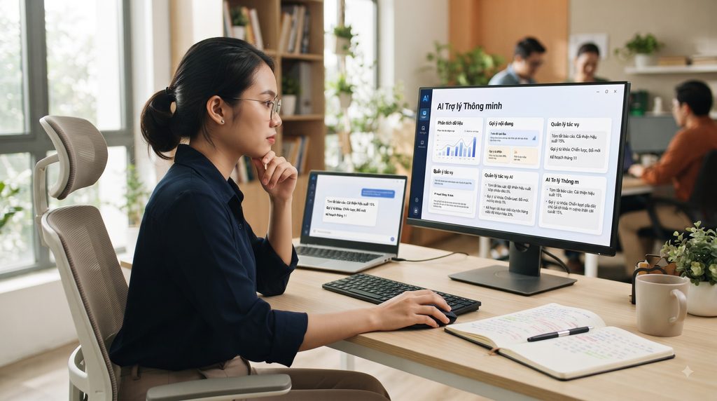 AI là gì? Trí tuệ nhân tạo hoạt động như thế nào và được ứng dụng ra sao? Minh họa con người sử dụng AI hỗ trợ phân tích thông tin và đưa ra quyết định