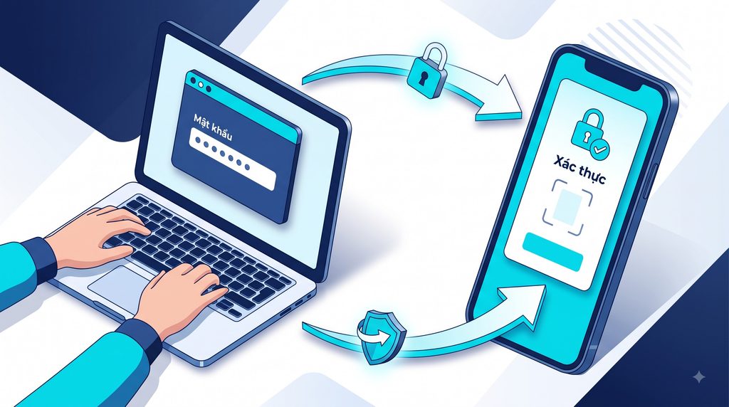 Minh họa người dùng nhập mật khẩu mạnh trên laptop và xác thực hai yếu tố trên điện thoại (MFA).
