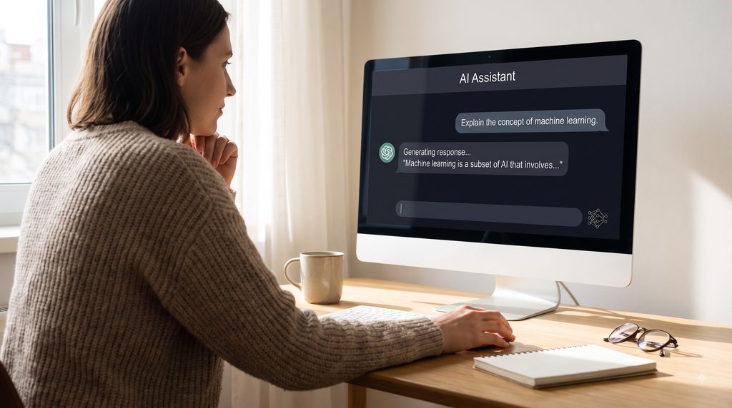 AI là gì? Trí tuệ nhân tạo hoạt động như thế nào và được ứng dụng ra sao? Người dùng tương tác với trợ lý AI thông qua giao diện trò chuyện trên máy tính