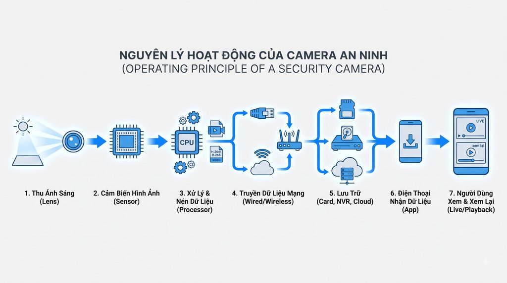 Sơ đồ nguyên lý hoạt động của camera an ninh từ thu hình, xử lý, truyền dữ liệu đến lưu trữ và xem video trên điện thoại