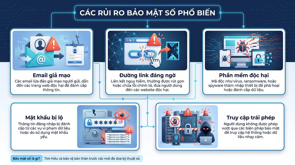 Infographic năm rủi ro bảo mật số phổ biến gồm email giả mạo, đường link đáng ngờ, phần mềm độc hại, mật khẩu bị lộ và truy cập trái phép
