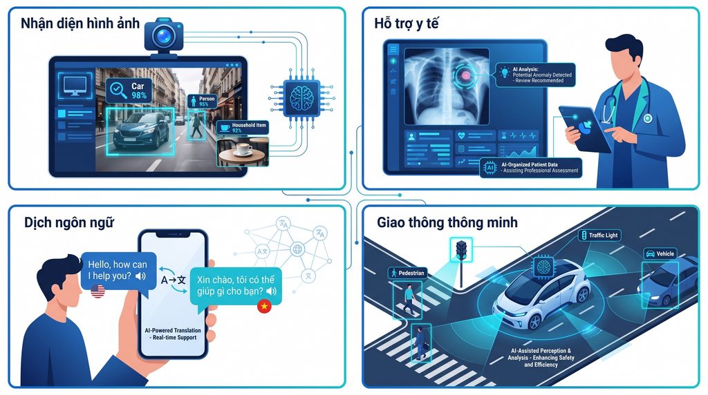 AI là gì? Trí tuệ nhân tạo hoạt động như thế nào và được ứng dụng ra sao? Minh họa các ứng dụng AI trong nhận diện hình ảnh, hỗ trợ y tế, dịch ngôn ngữ và giao thông thông minh